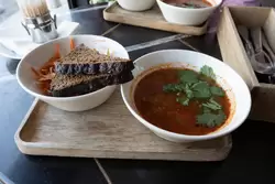 Суп харчо и морковь по-корейски, ресторан «Гриль станция»